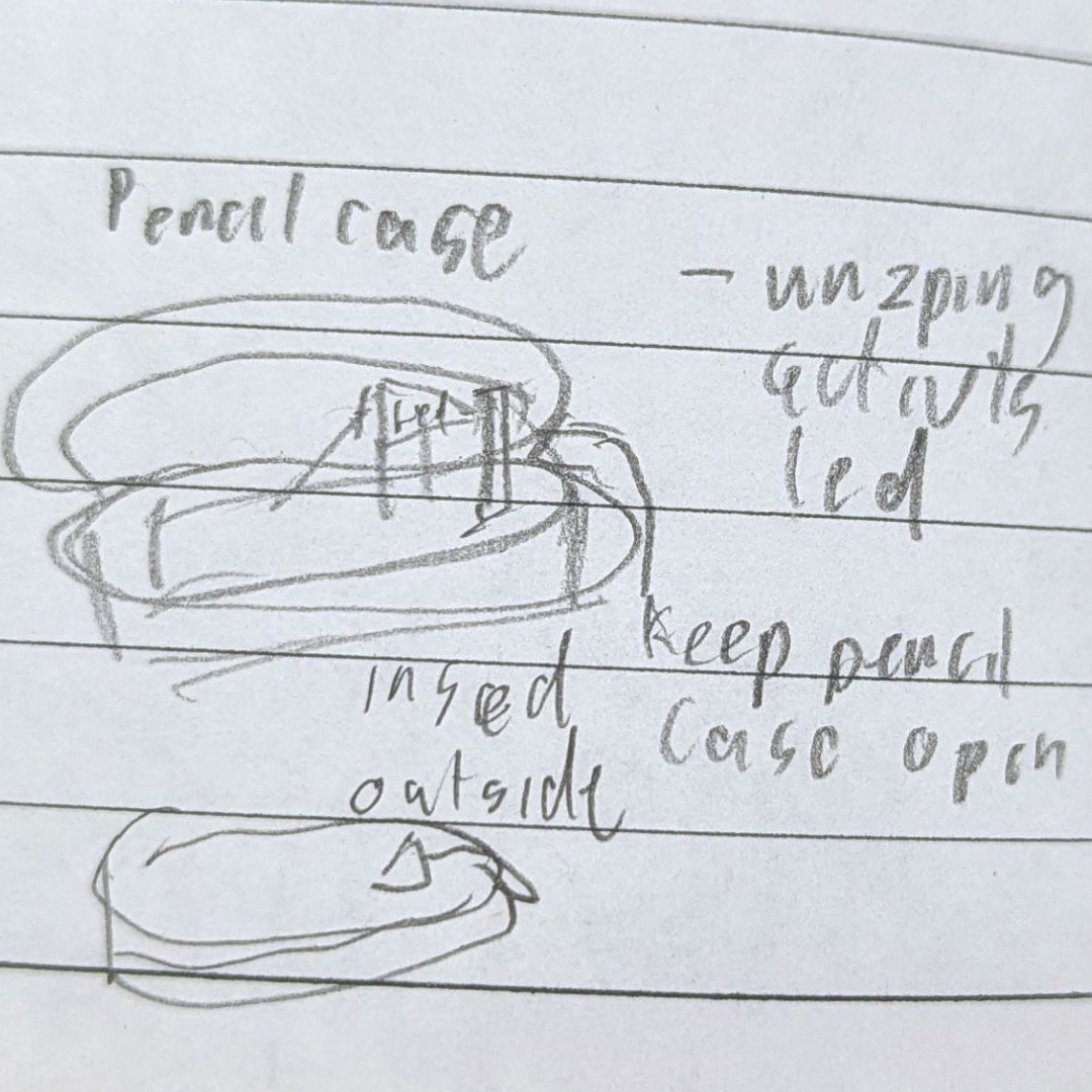 After seeing someone experimenting with their pencil case, I also wanted to see how I could use my own, so I made a very weird sketch.